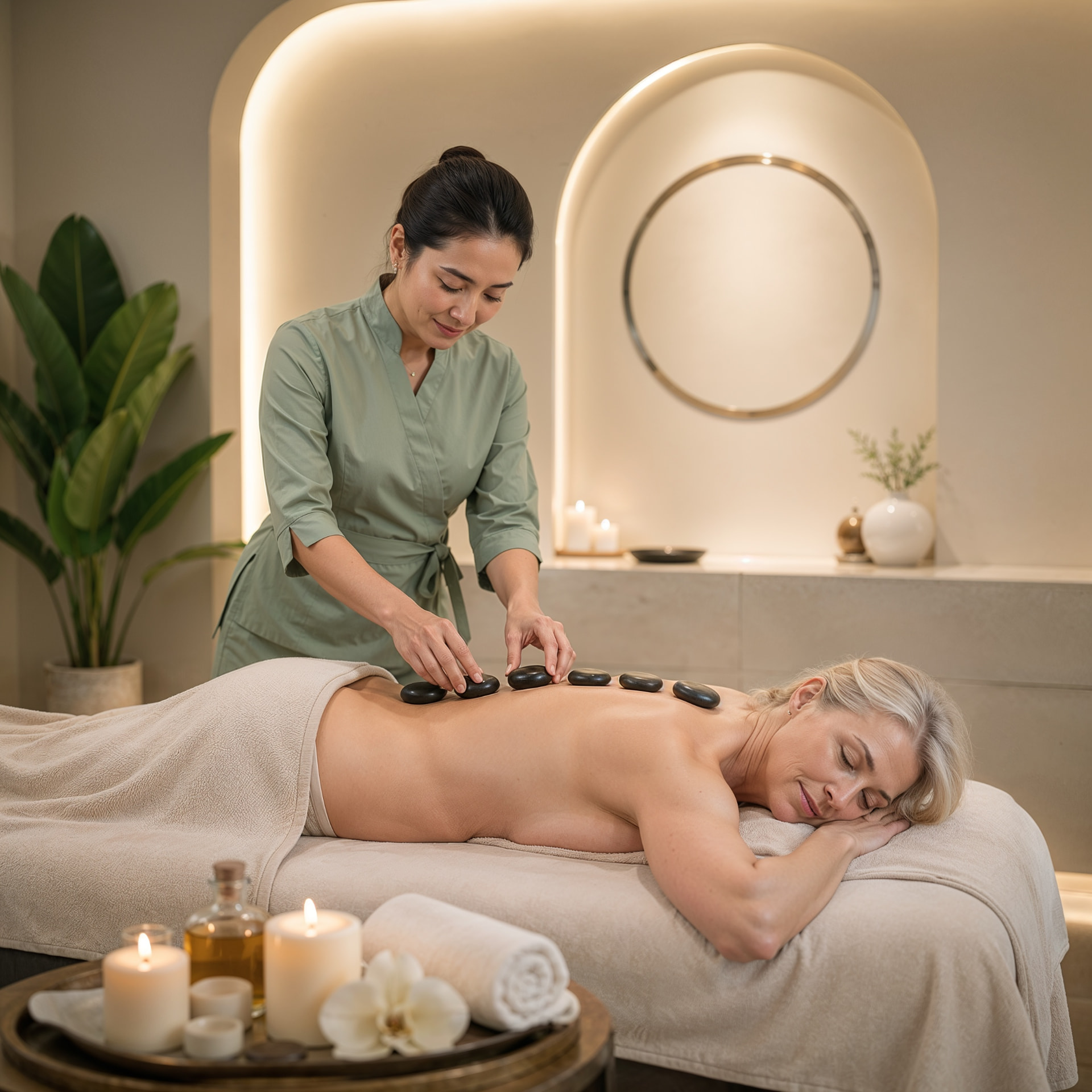 Therapist placing warm hot stones along a guest's back in a serene candlelit treatment room