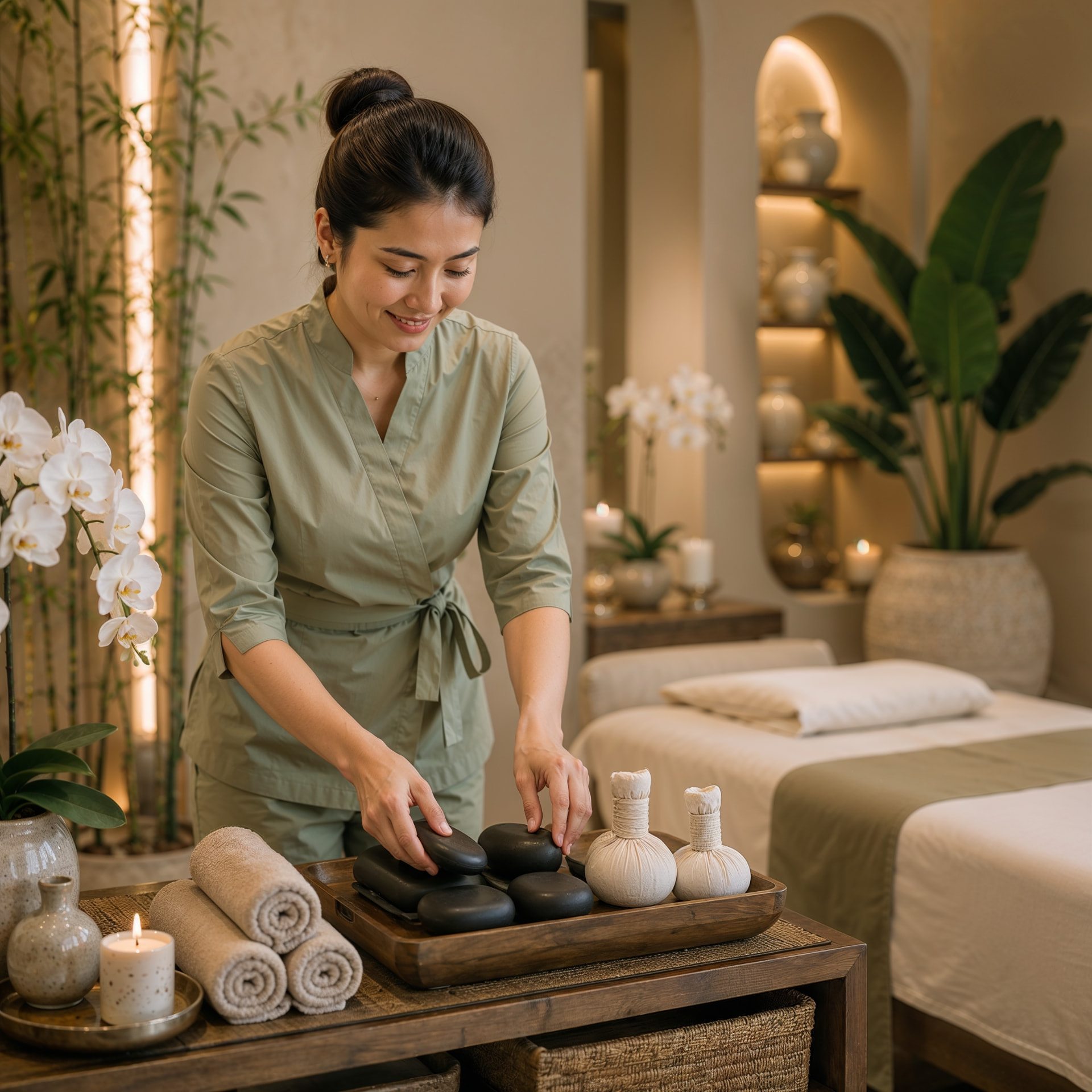 Therapist preparing hot stones and herbal compresses beside a made treatment table