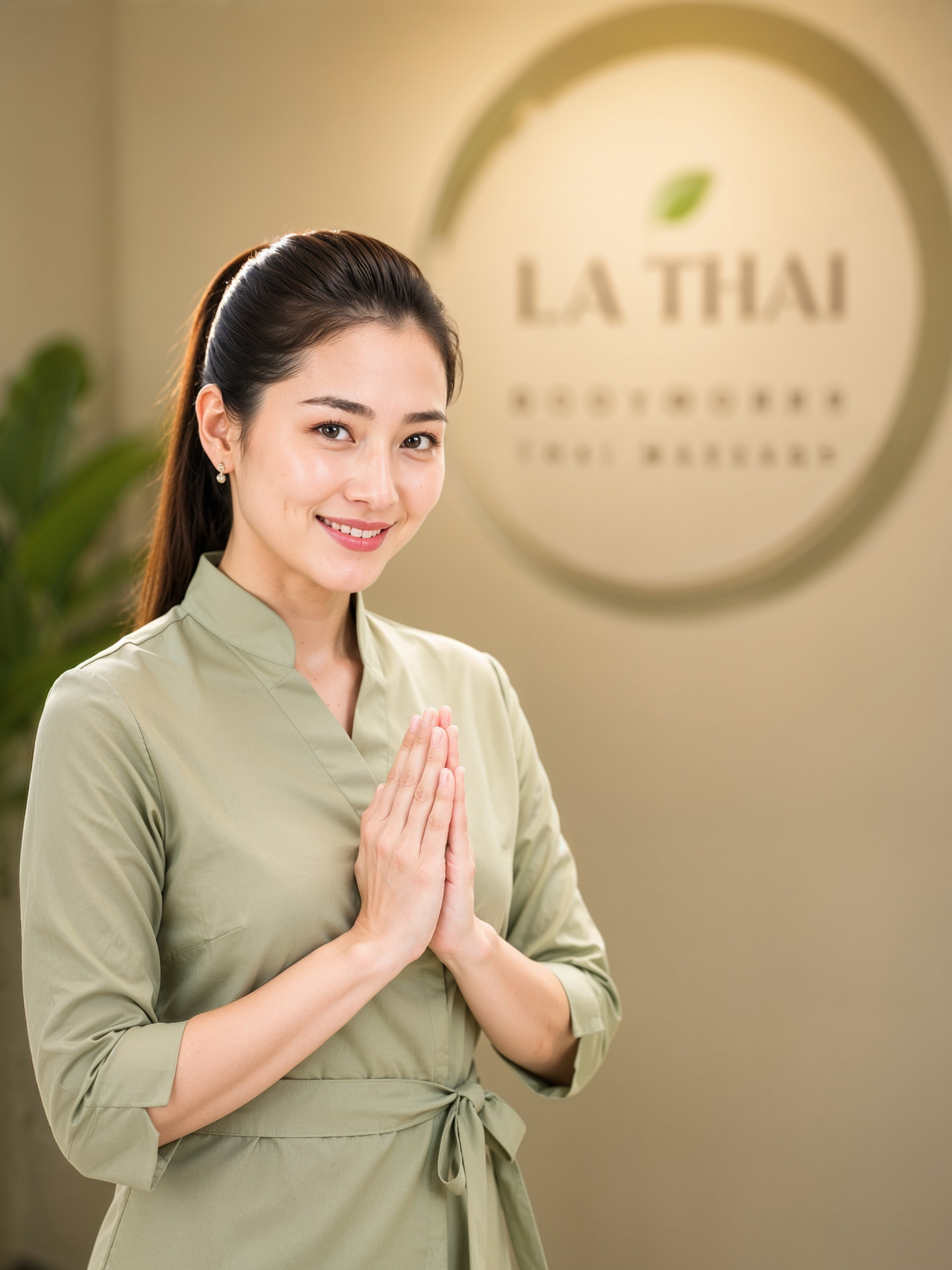 Serene Thai massage treatment room with sage linens and natural light at LA Thai Bodyworks