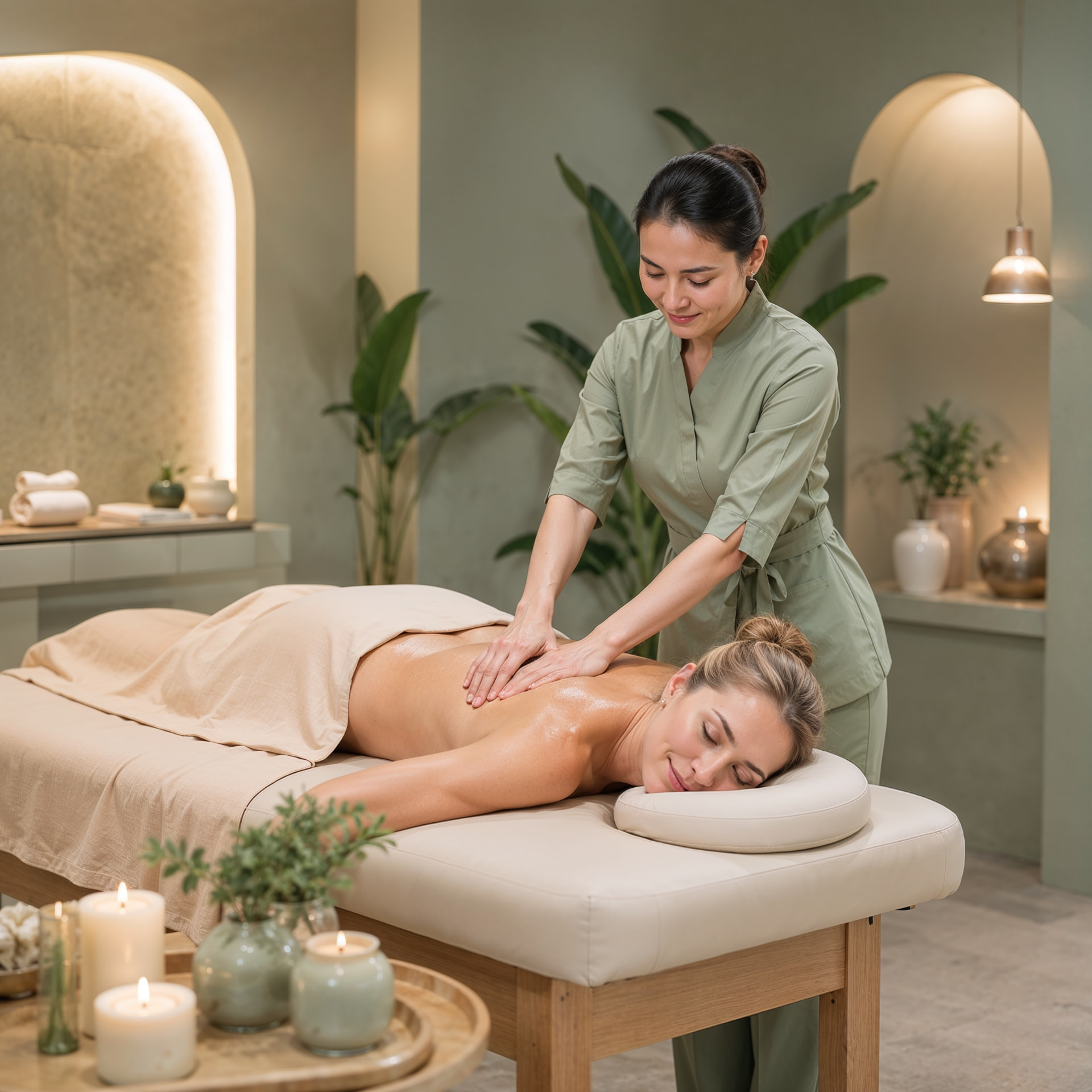 Therapist giving a relaxing Swedish massage in a calm sage and ivory treatment room